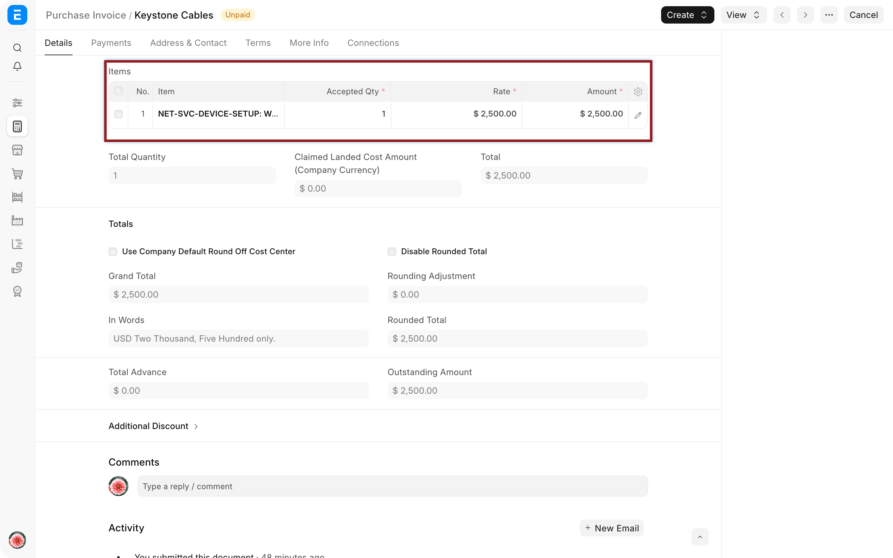 Purchase Invoice for consulting services with the non-stock item and Update Stock disabled