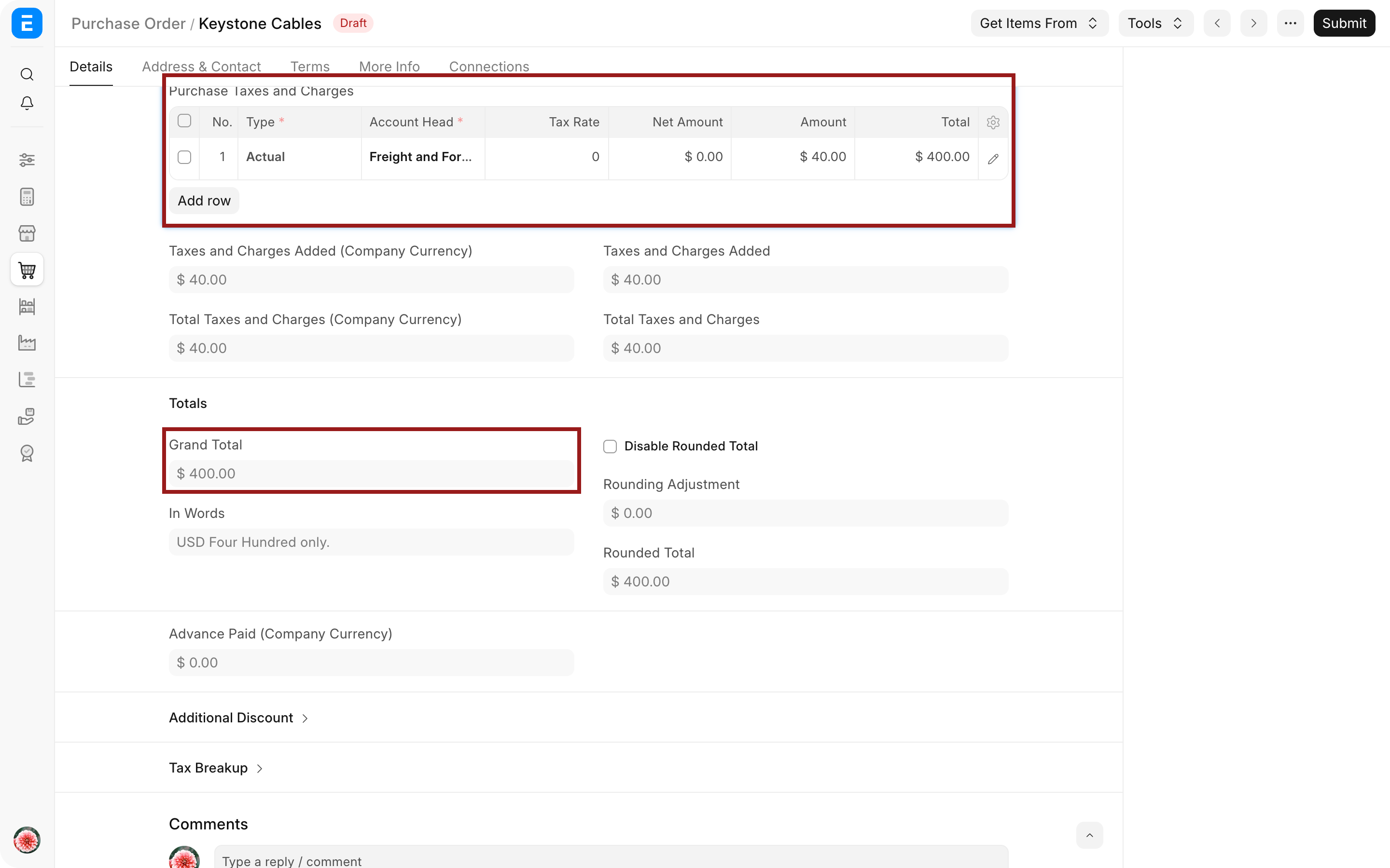 Purchase Order showing the selected Shipping Rule and fetched shipping charge
