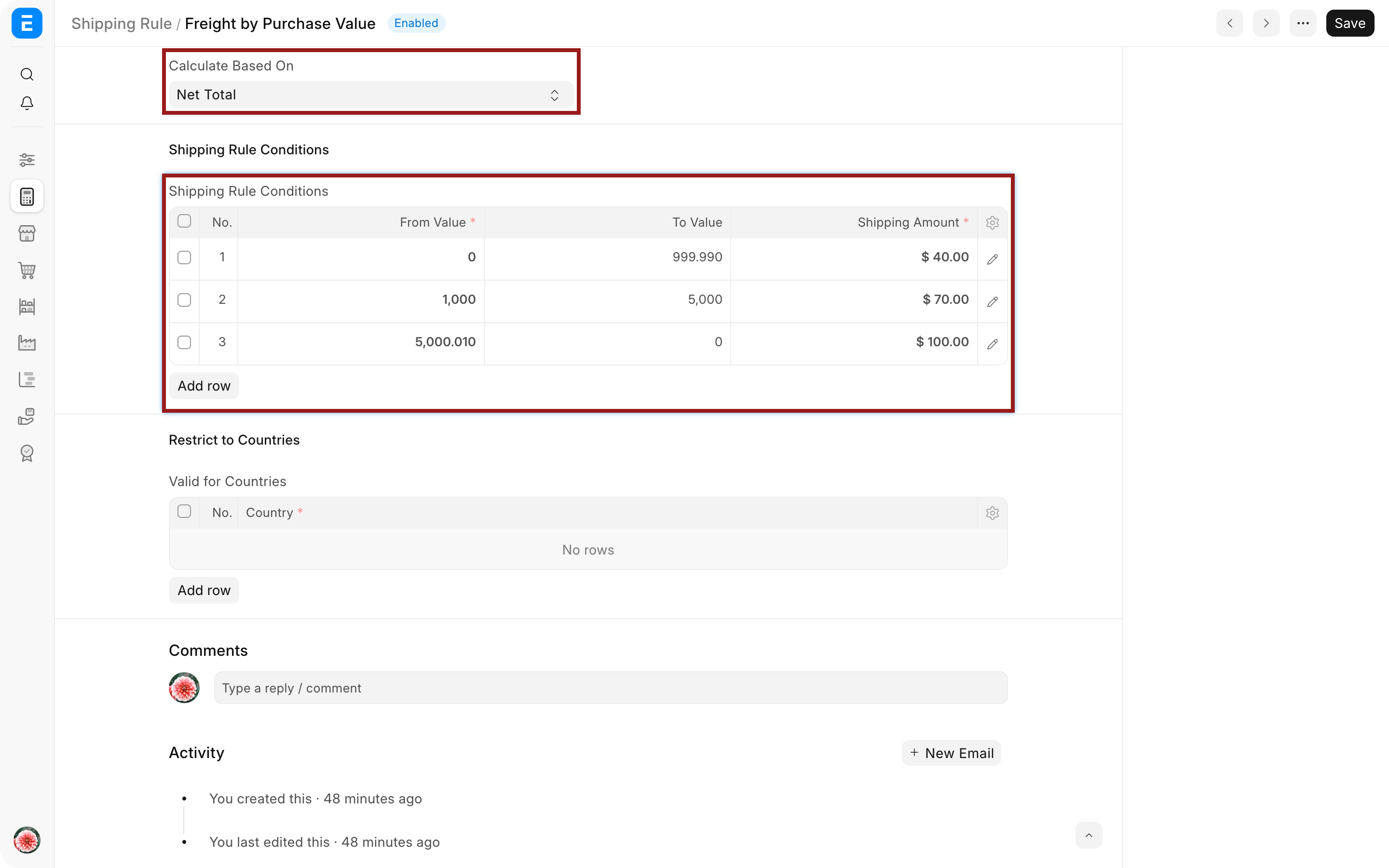 Shipping Rule showing Net Total basis and value ranges