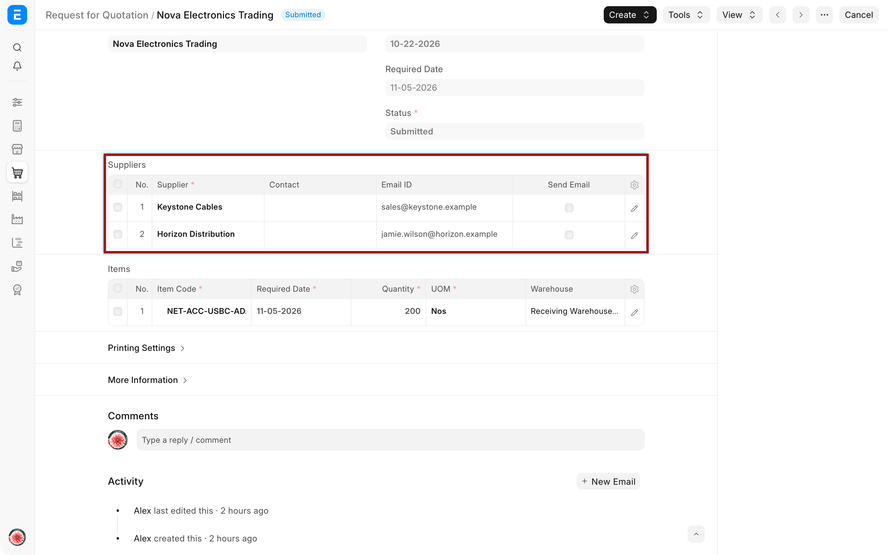 Request for Quotation showing the supplier and linked contact used for portal access