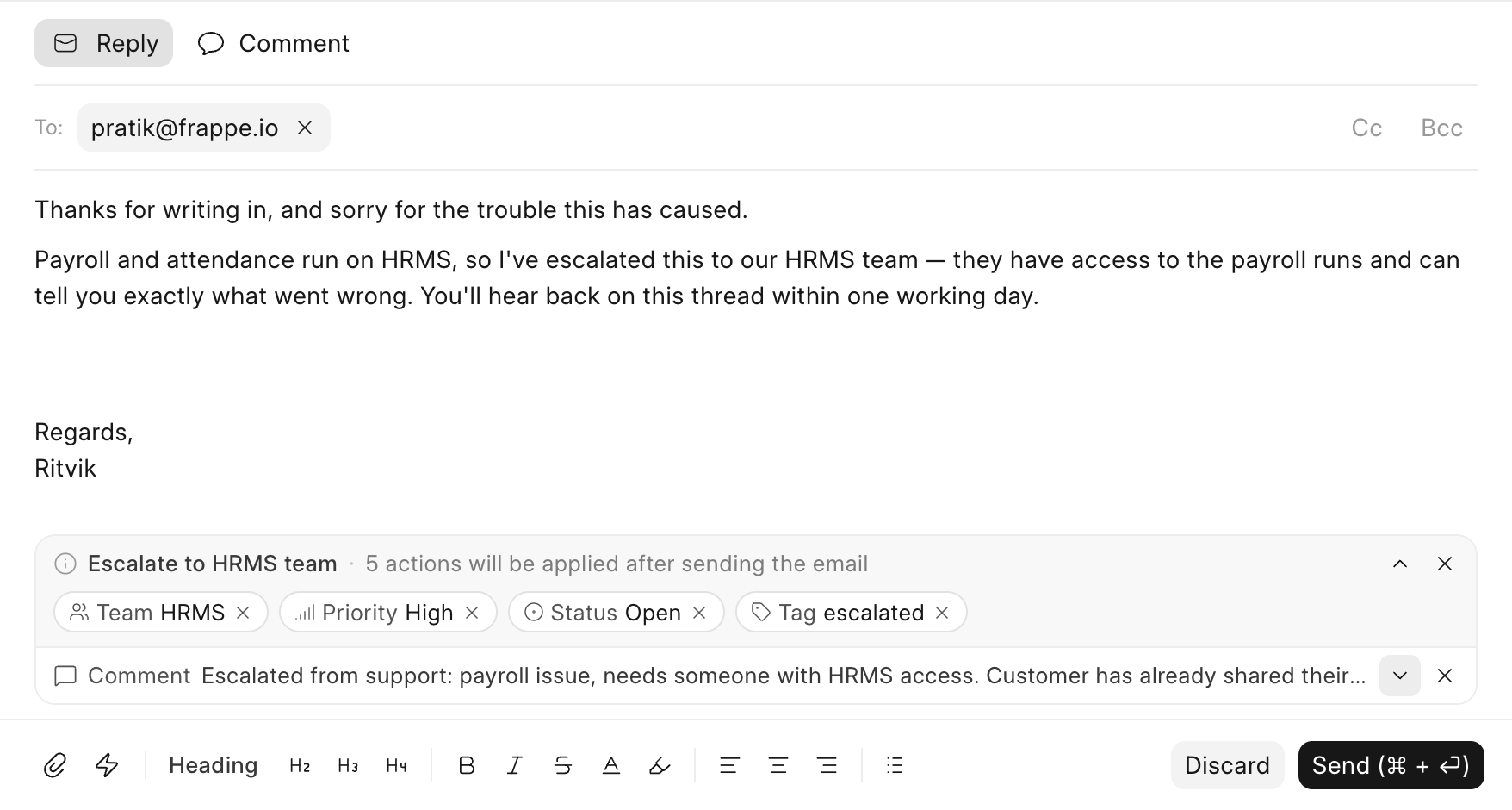 saved reply actions in the reply editor
