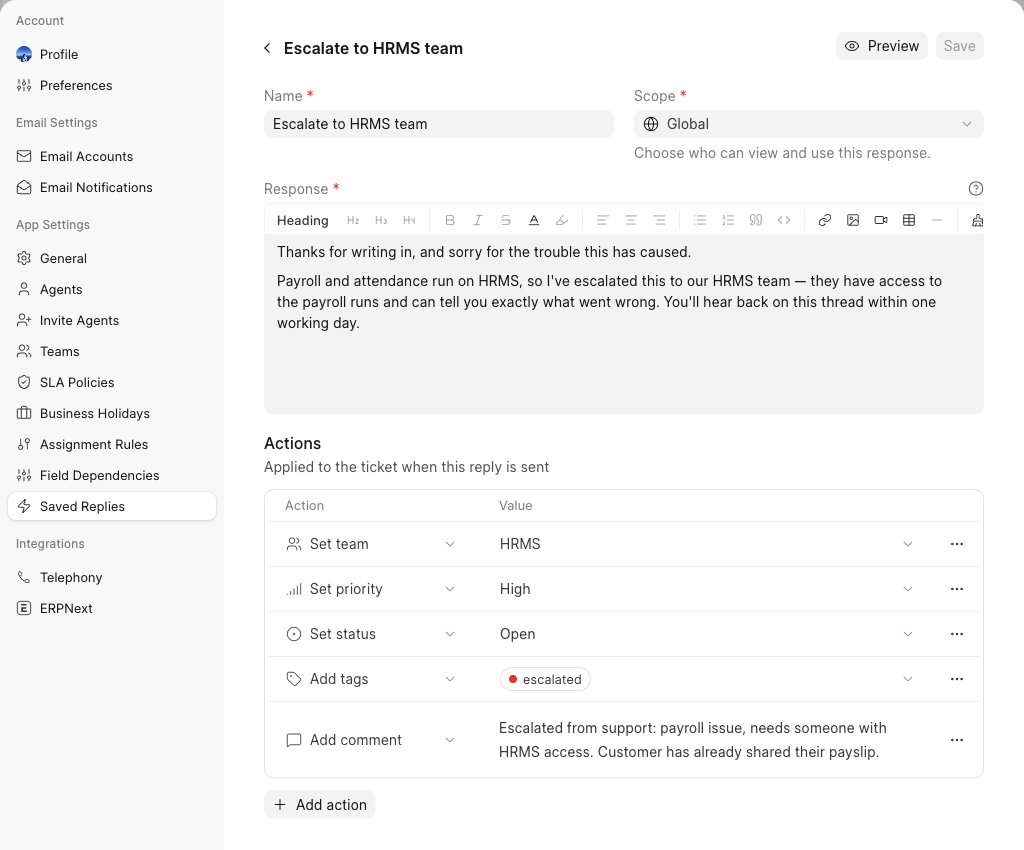 saved reply actions