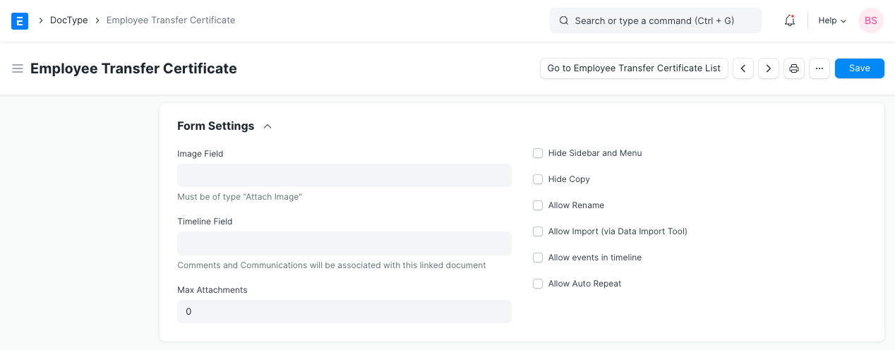 Custom DocType Form Settings