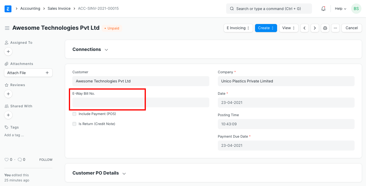 E-way Bill Number in Invoice