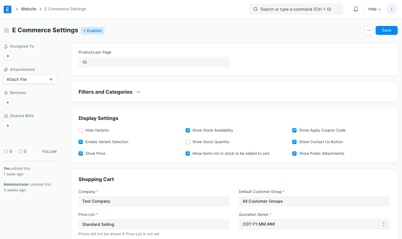 E Commerce Settings