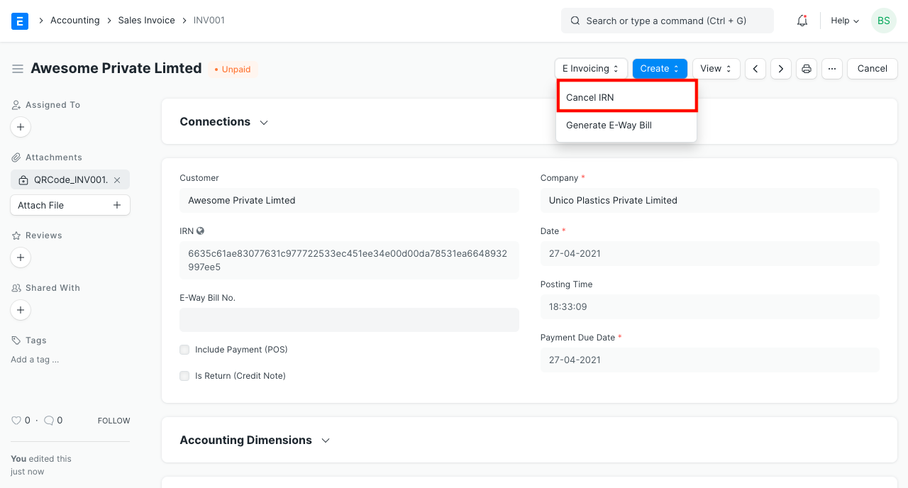 E Invoice Cancel IRN Button