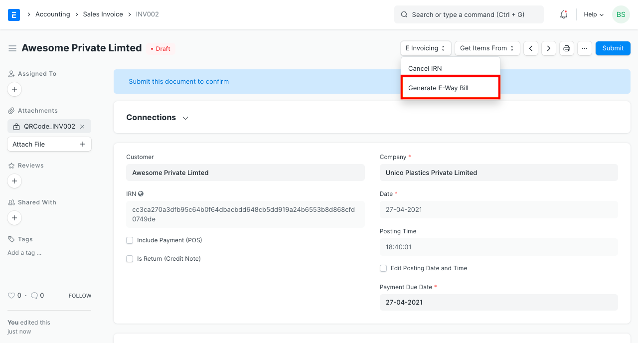 E Invoice Generate Eway Bill