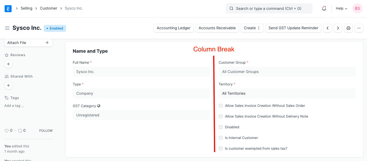 Field Type Column Break