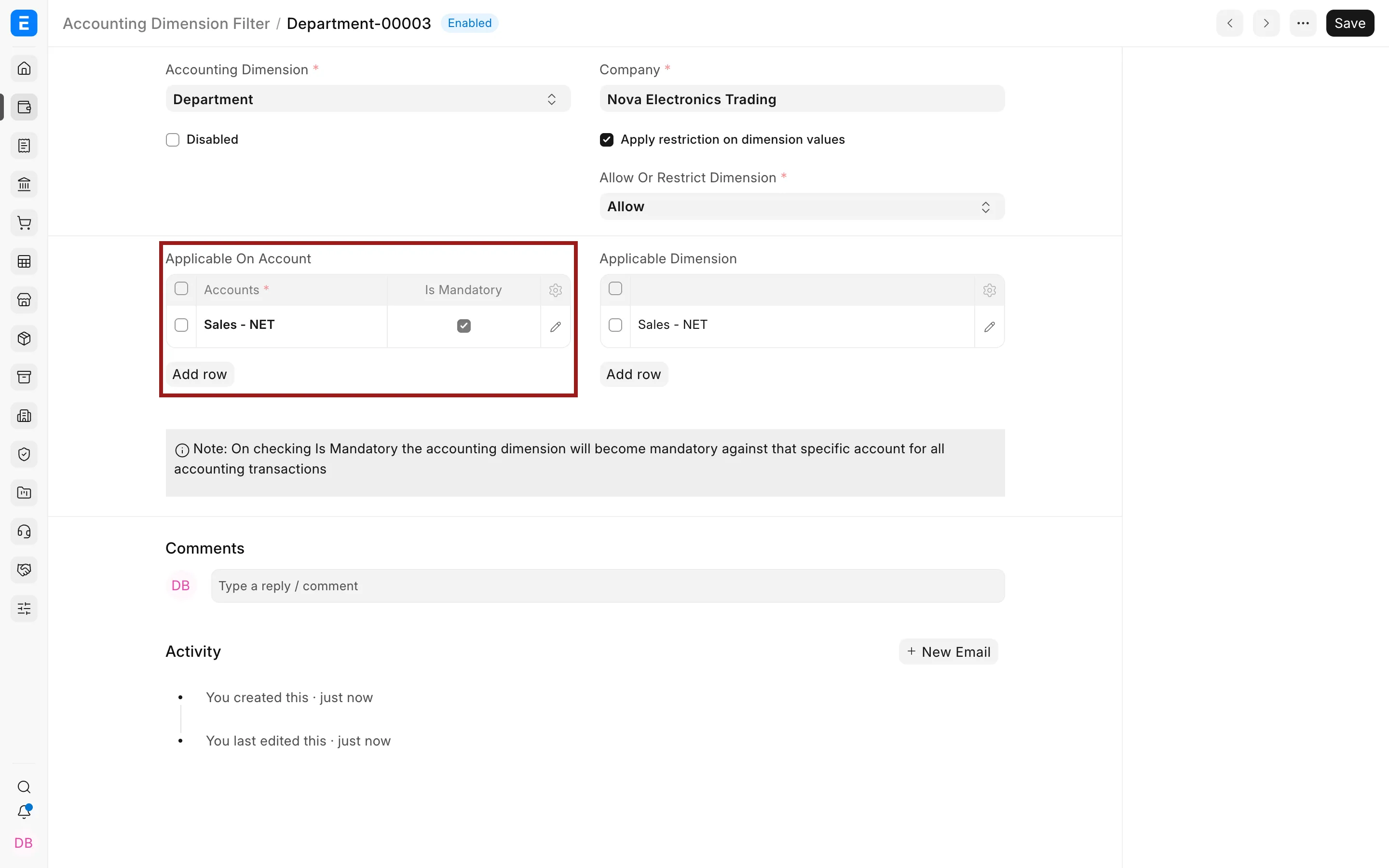 Mandatory account selected in an Accounting Dimension Filter