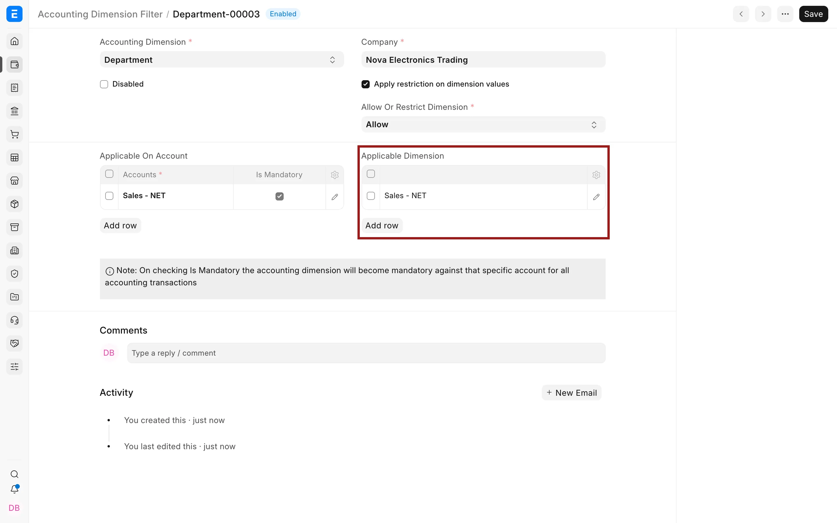 Allowed Department value selected in an Accounting Dimension Filter