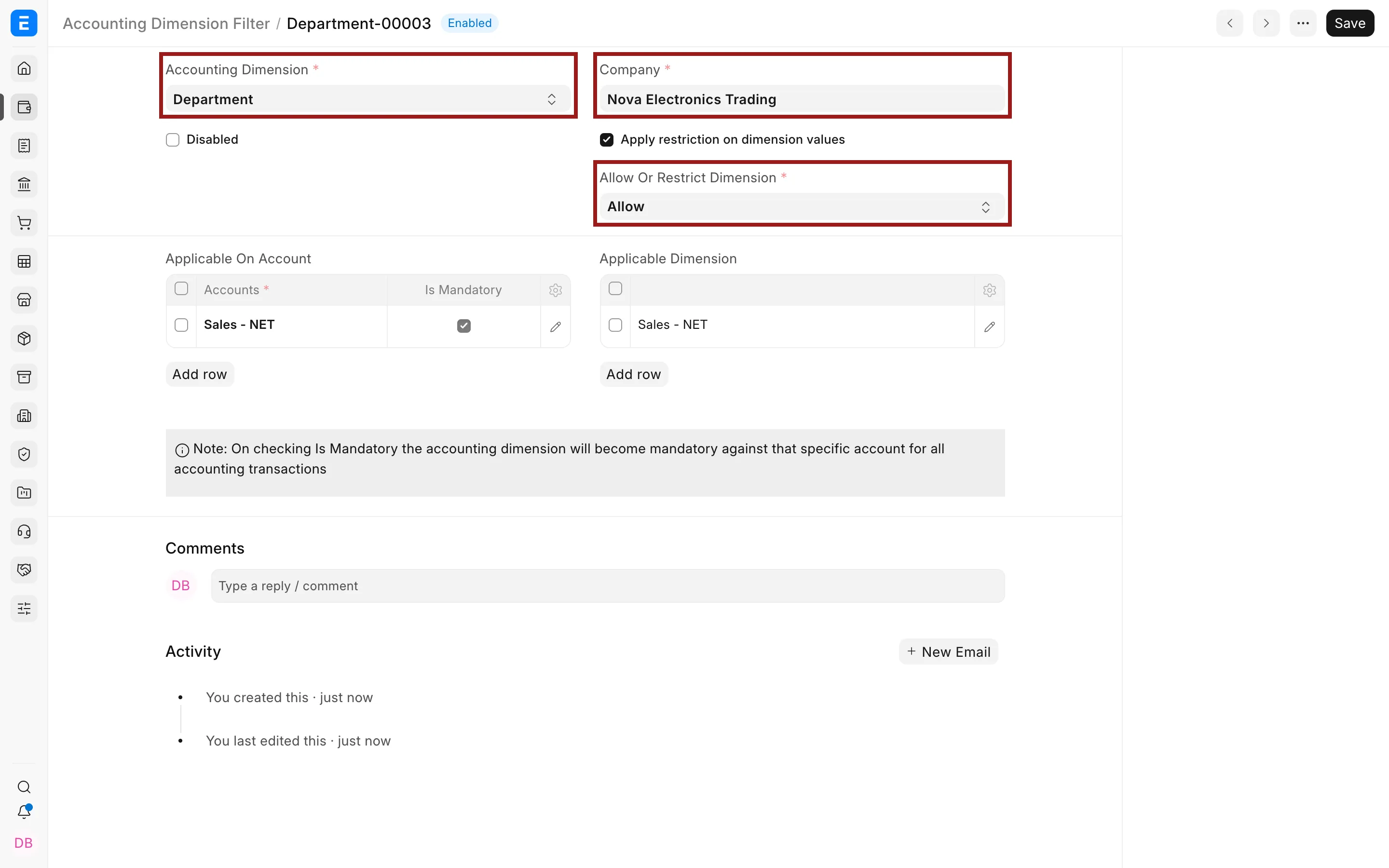 Department Accounting Dimension Filter for Nova Electronics Trading