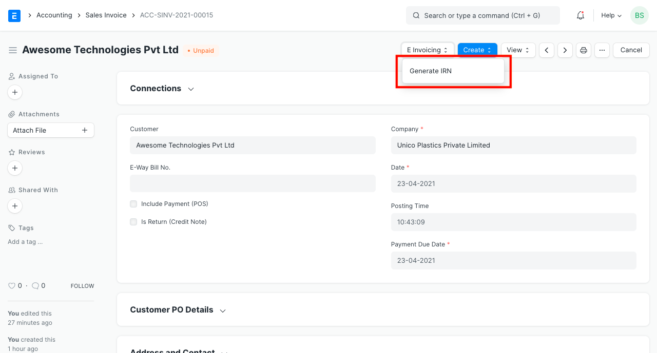 Generate IRN in Invoice