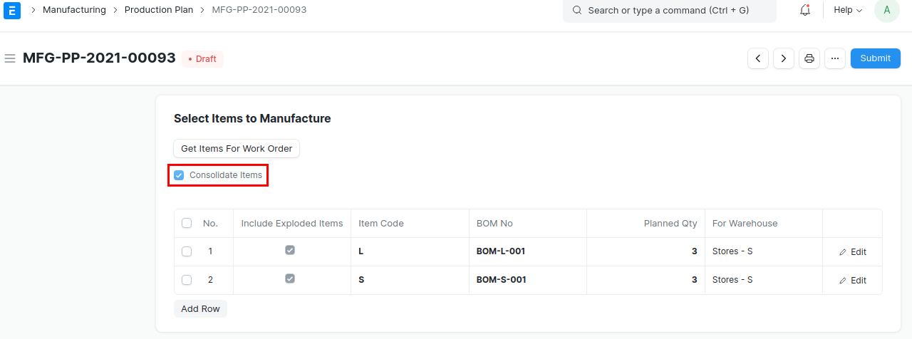 Get items Combined for Production Plan