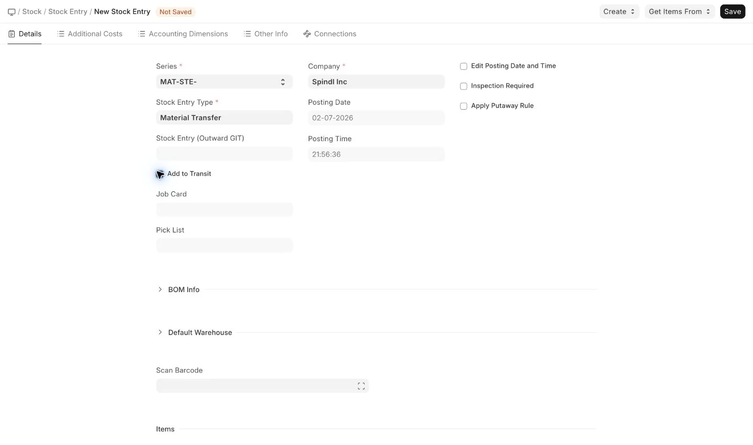 Add to Transit enabled on Material Transfer Stock Entry at 150 percent zoom without sidebar