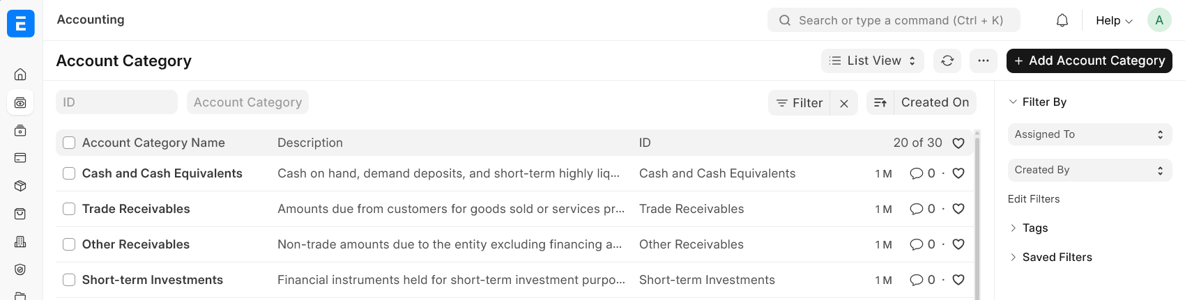 Example Account Category Setup
