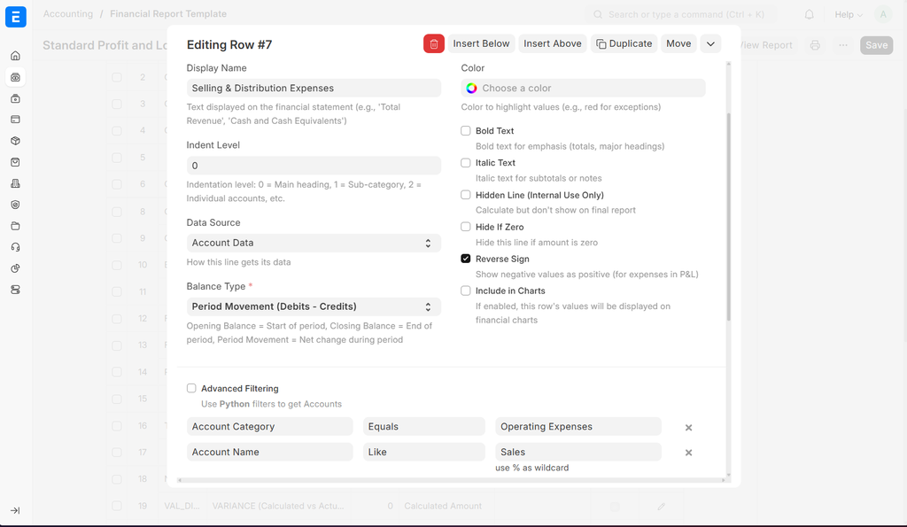 Account Data configuration screen showing filter options