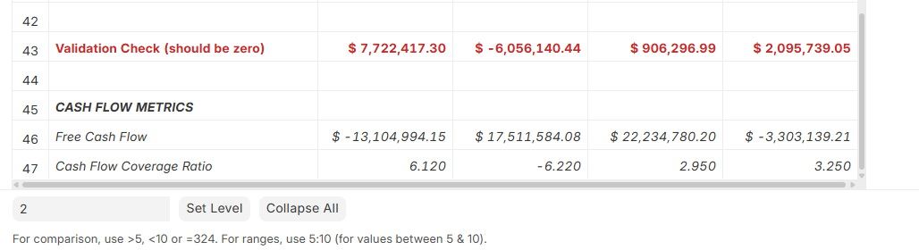 Report with ratios and balance check highlighted