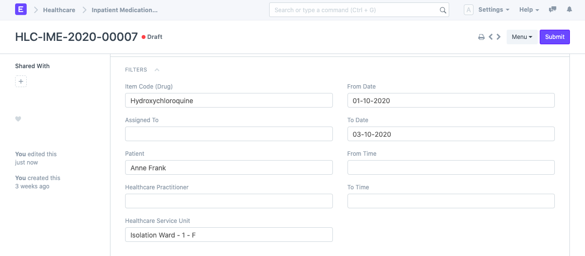 Inpatient Medication Entry filters