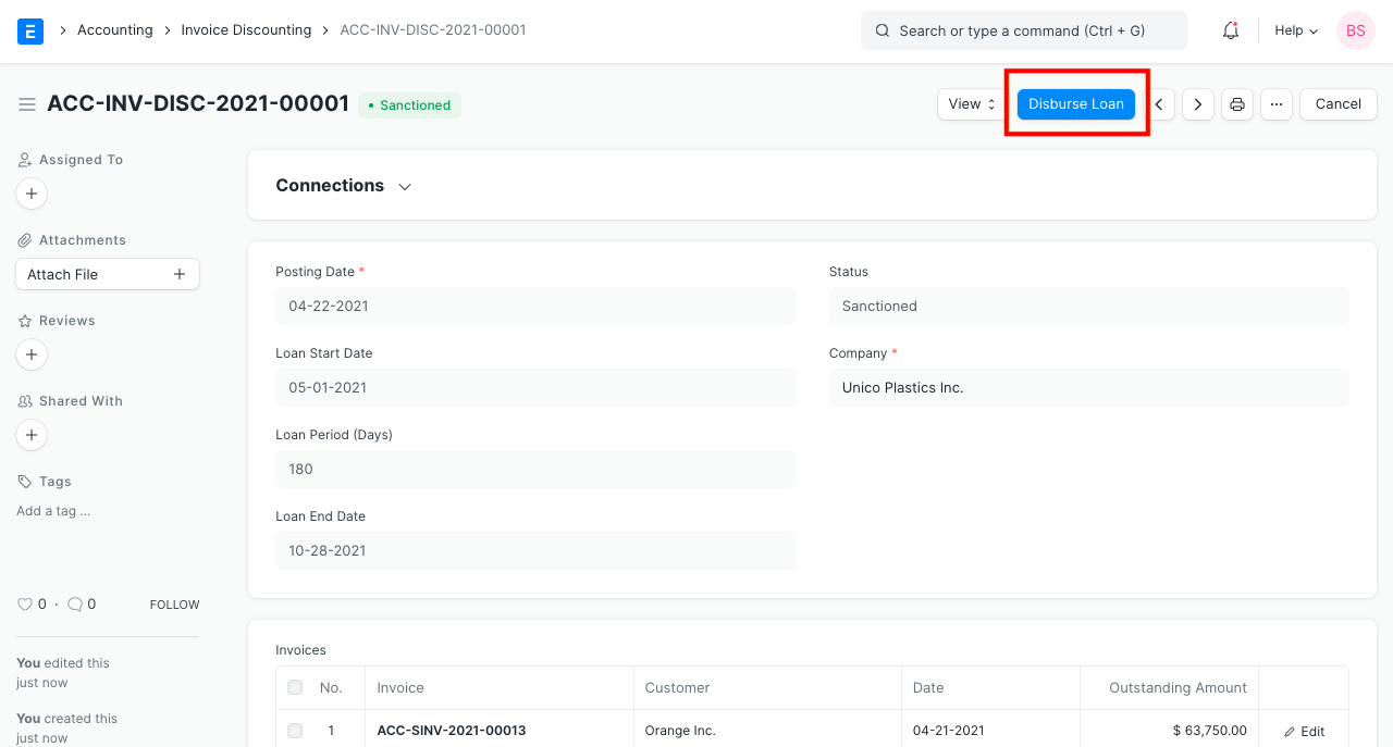 Disburse Loan in Invoice Discounting