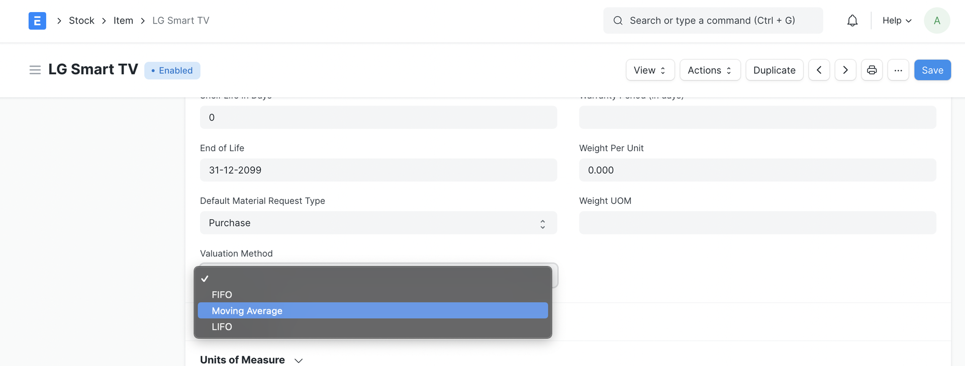 item level valuation settings