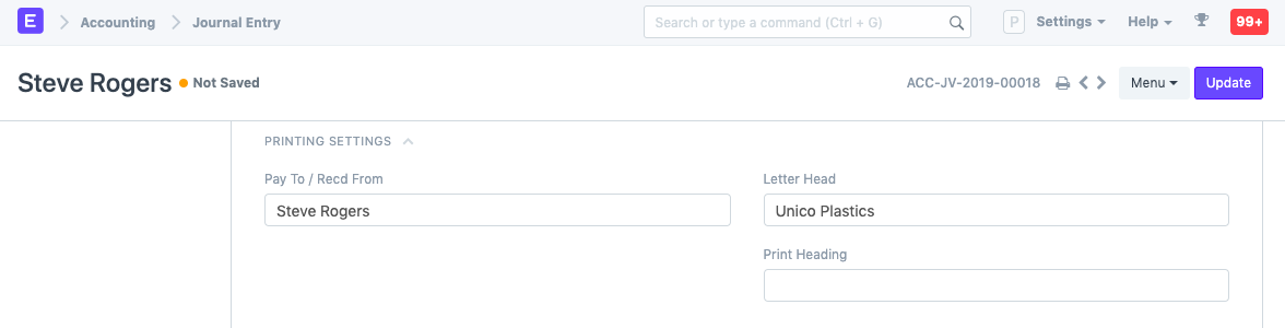 Journal Print Settings