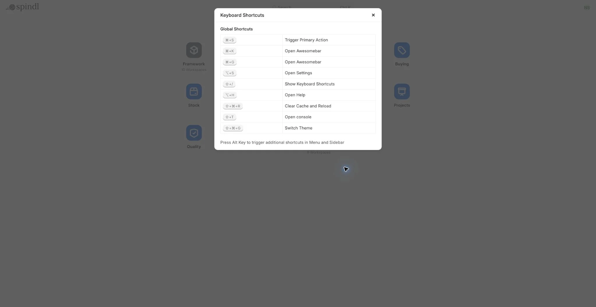 Keyboard Shortcuts panel in Frappe Desk