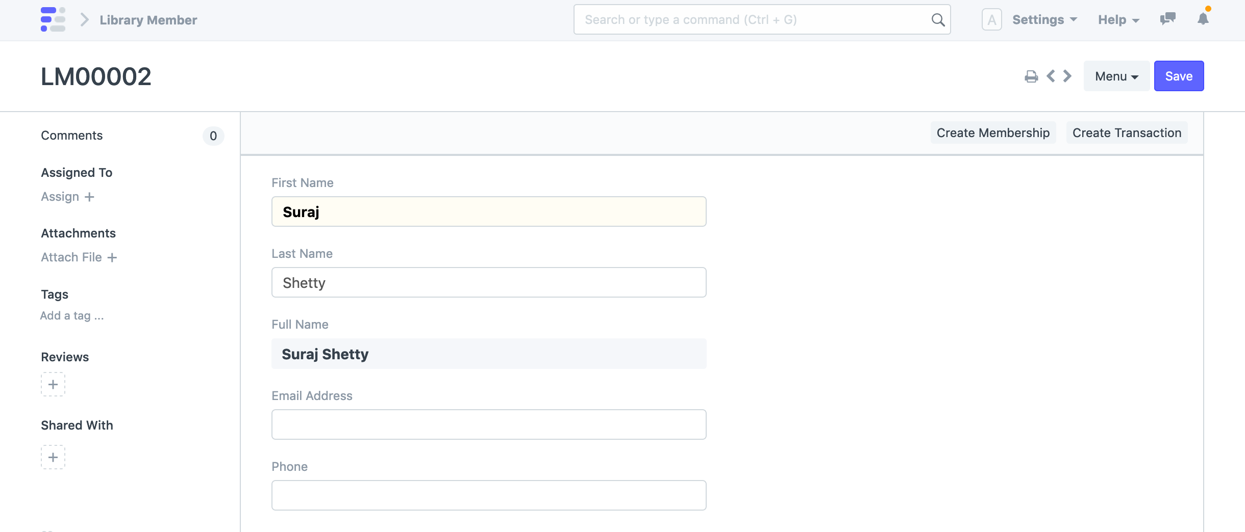 Library Member Form Actions