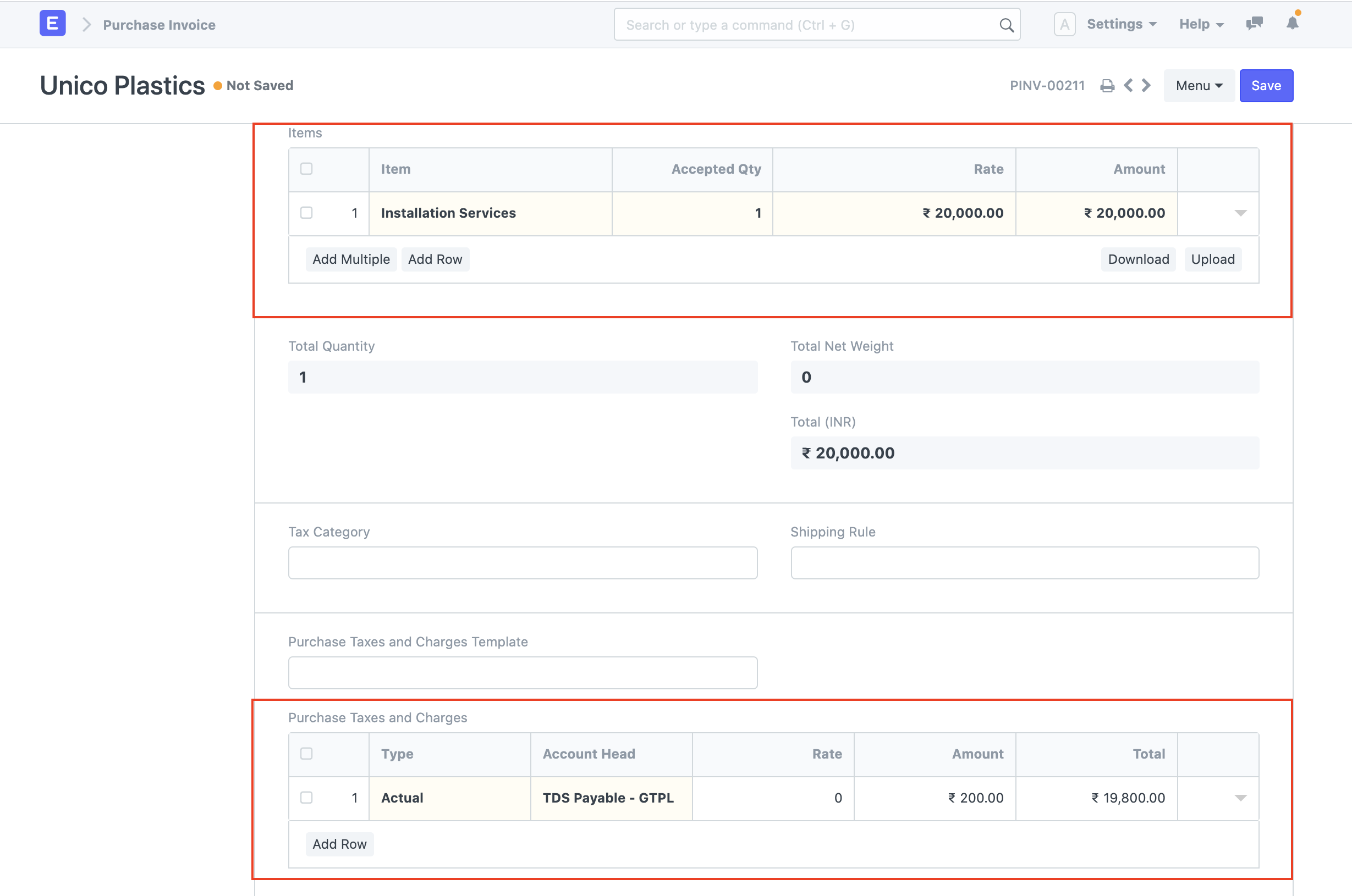 LTDS in Purchase Invoice