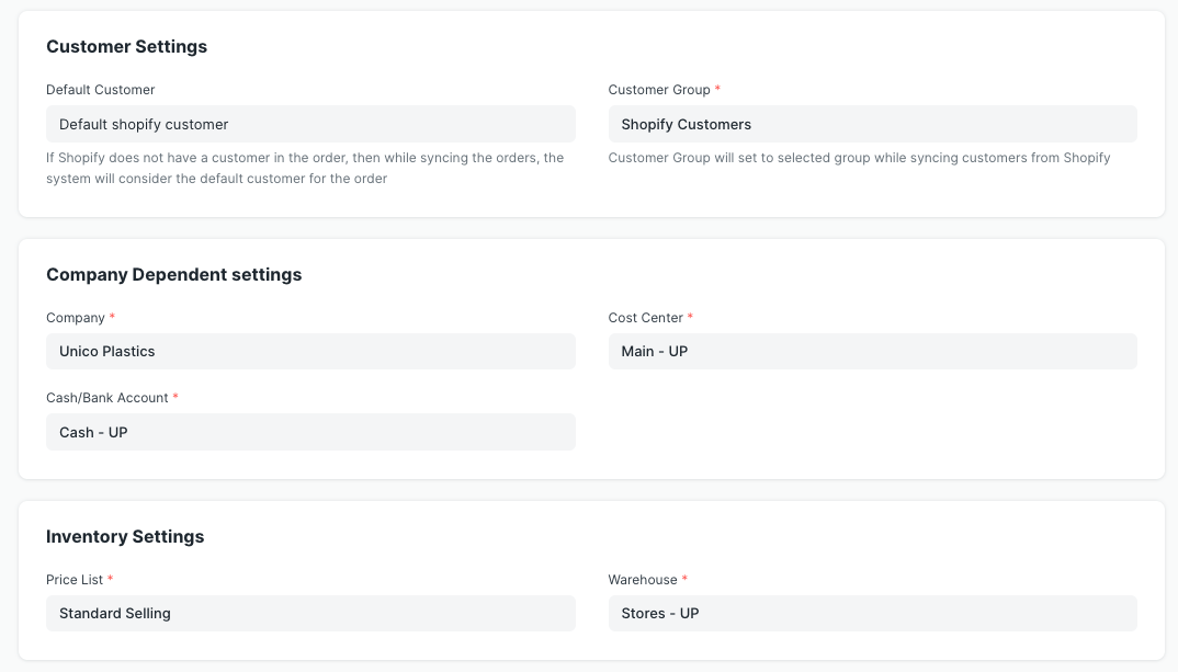 Shopify setting page