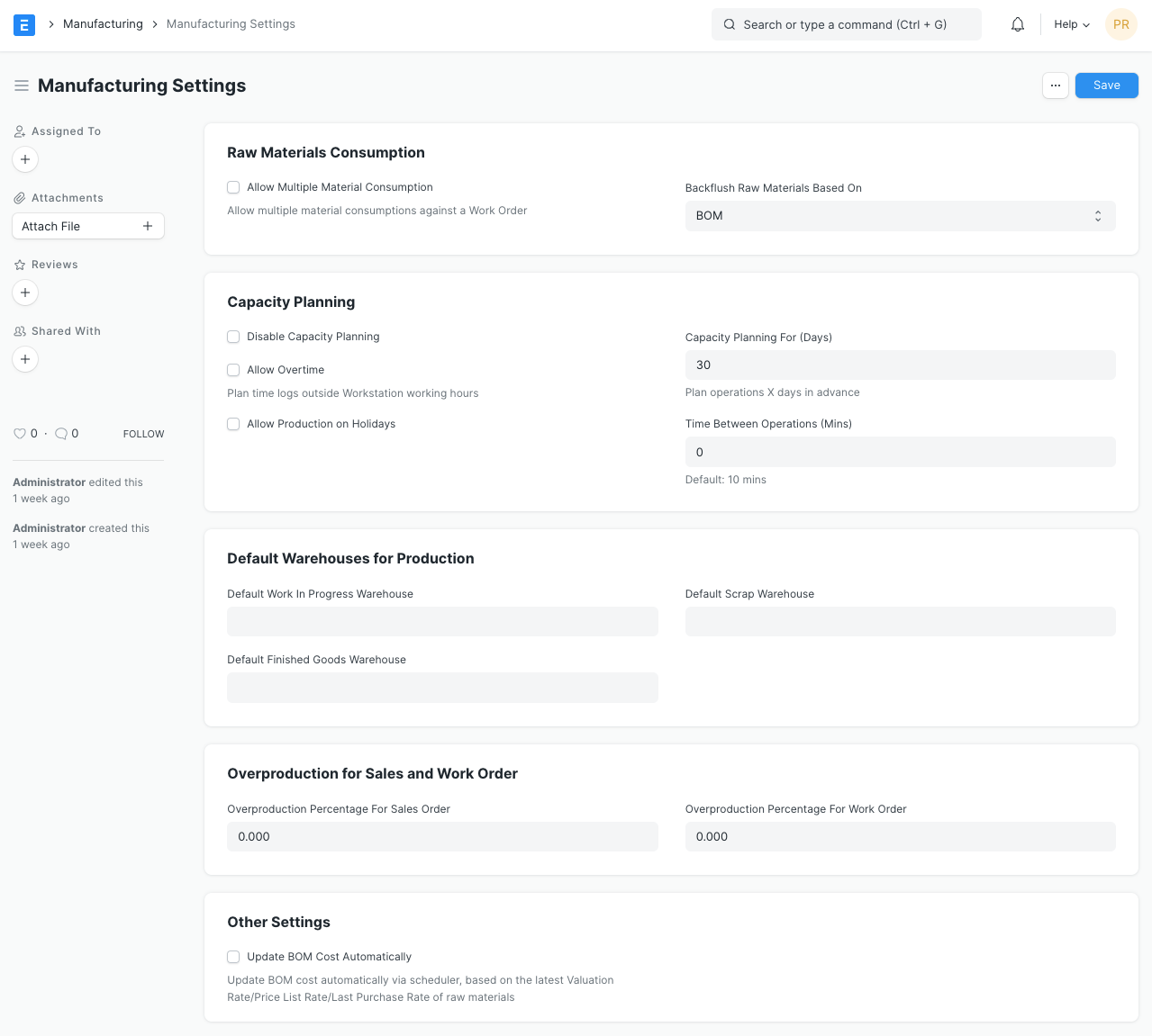 Manufacturing Settings