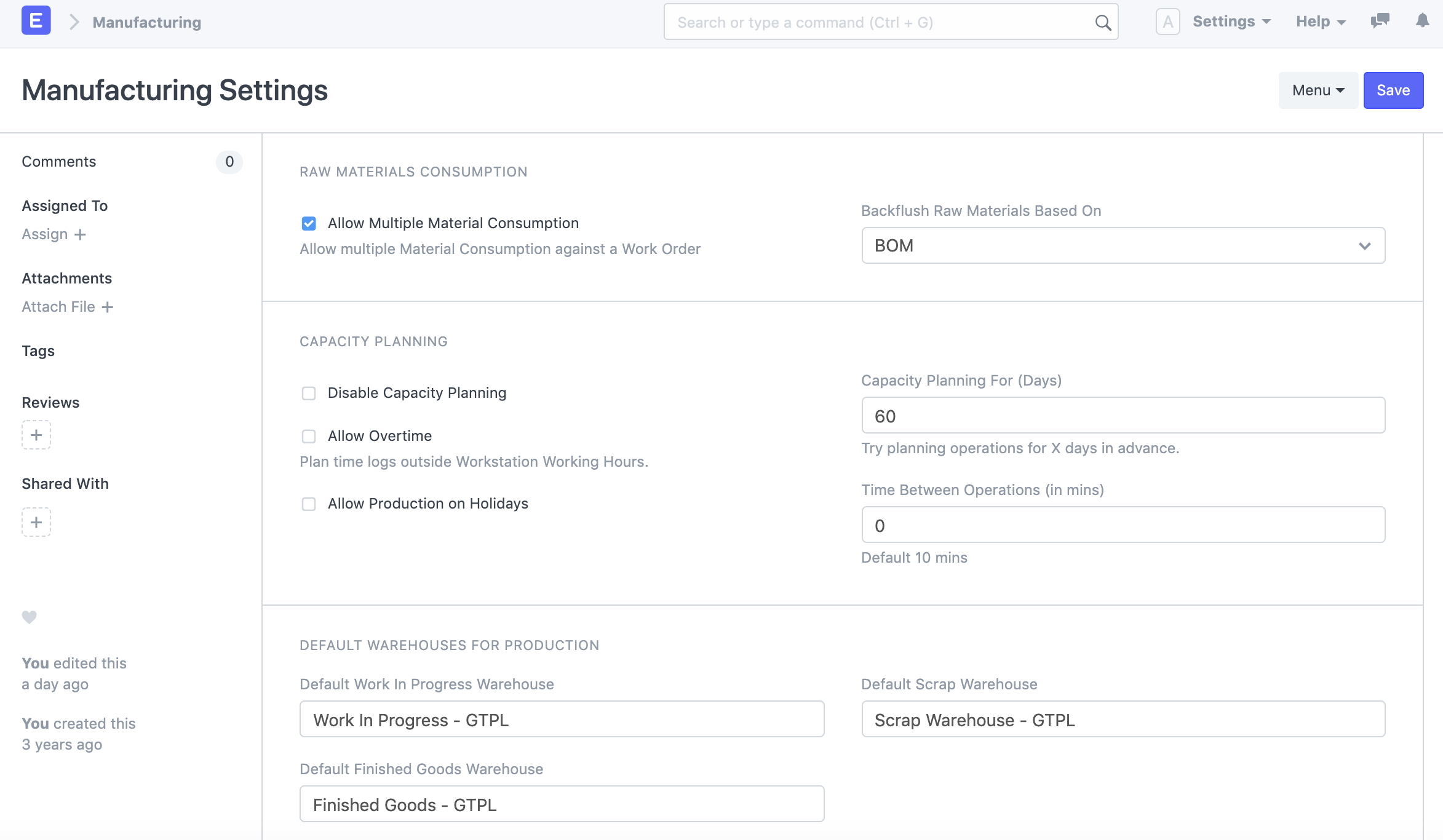 Manufacturing Settings