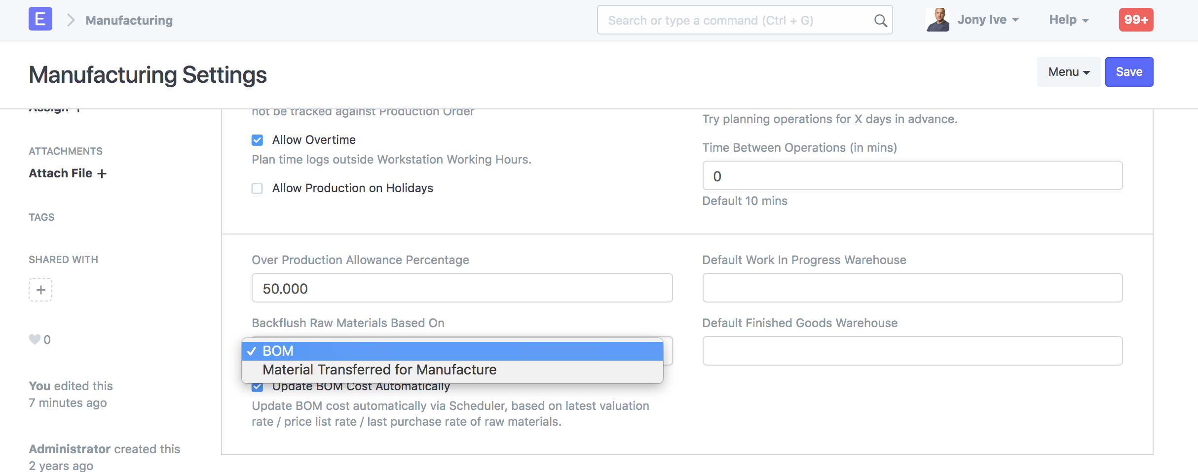 Manufacturing Settings