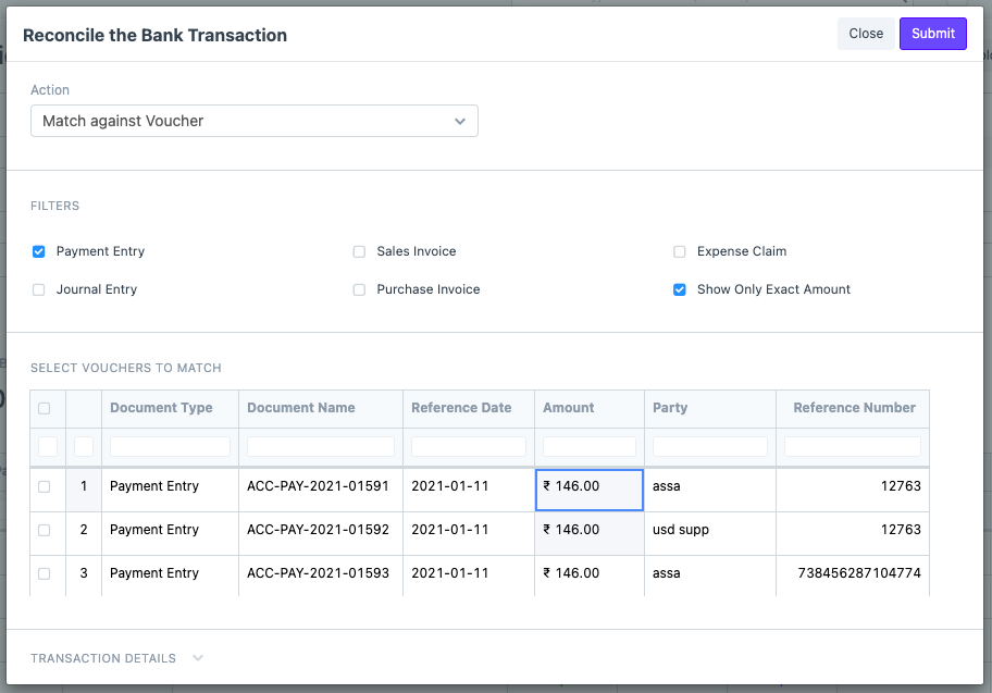 Reconcile bank transactions