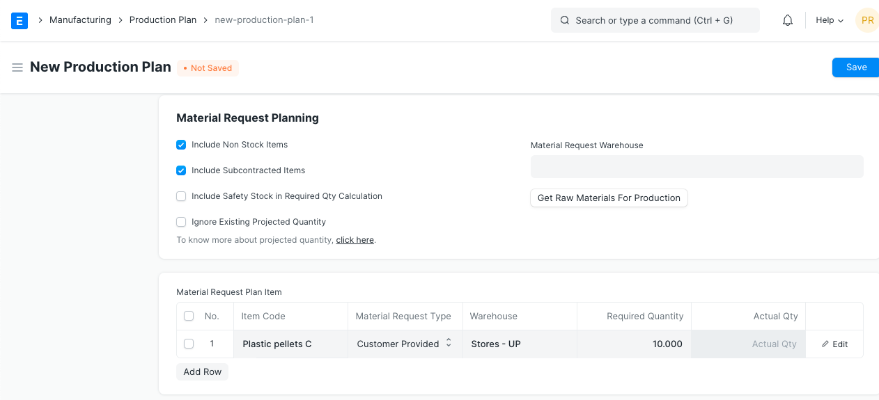 Material Request in Production Plan