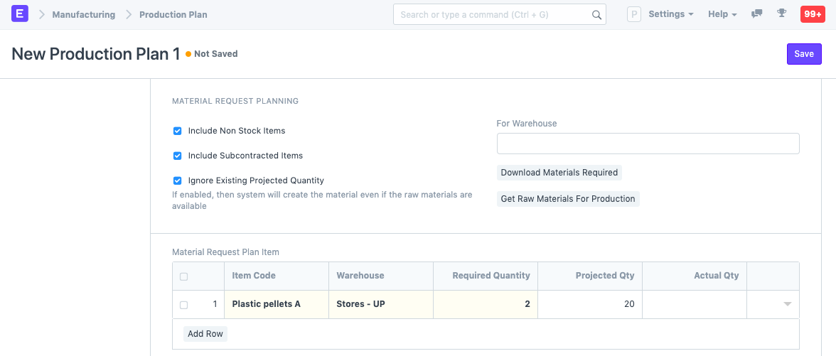 Material Request in Production Plan