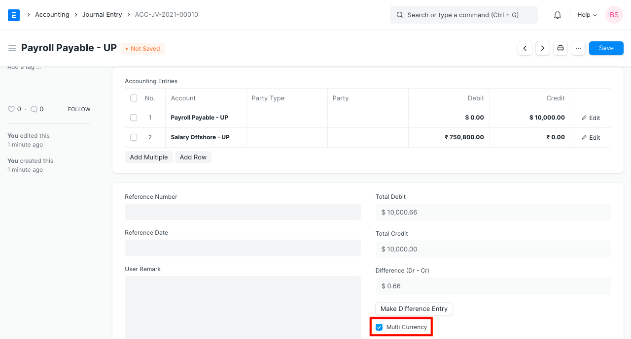 Multi-currency in Journal Entry