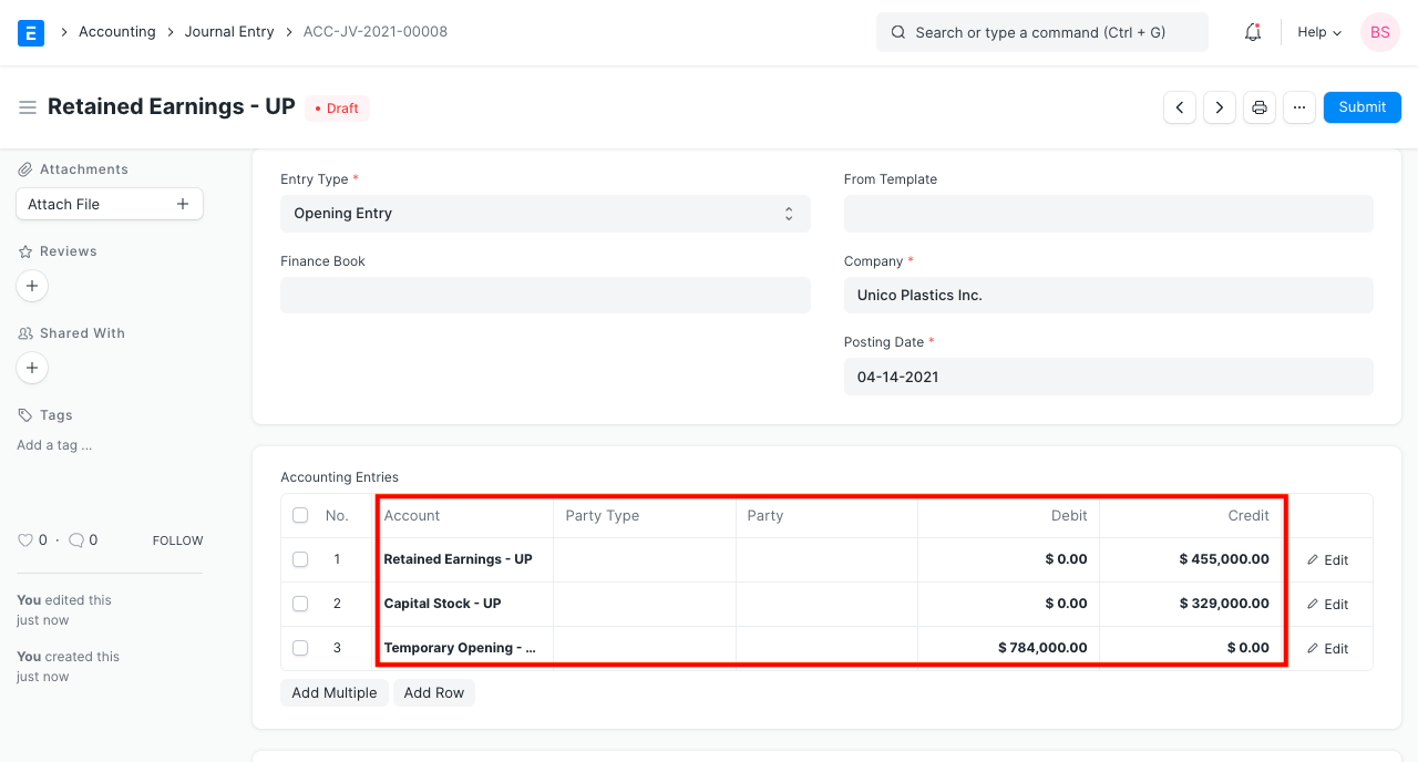 Opening Entry Capital Accounts