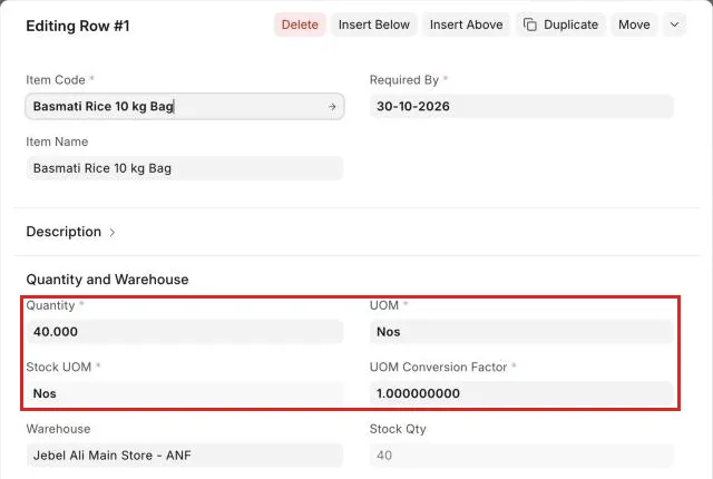 Row detail with UOM, Stock UOM and UOM Conversion Factor