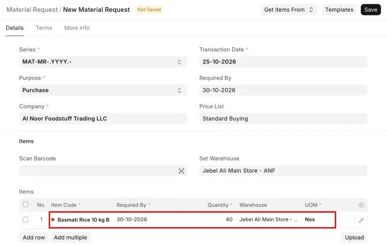 Material Request Items row with UOM filled in