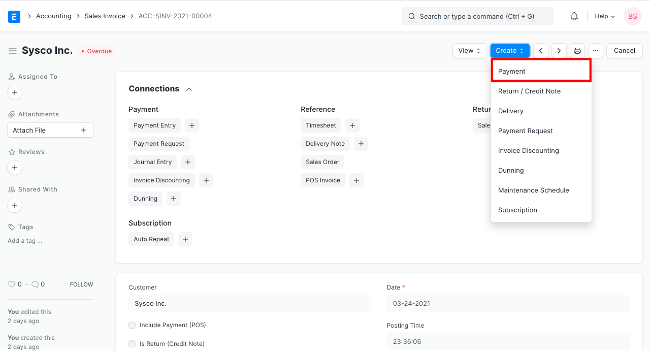 Payment Entry from Sales Invoice