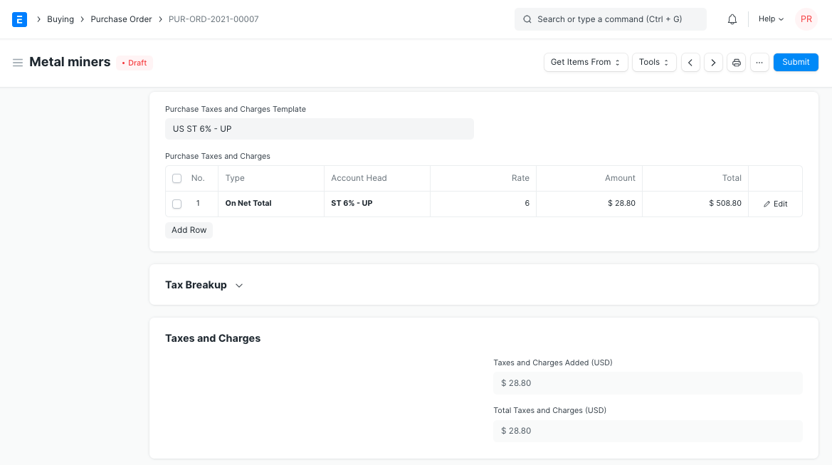 Purchase Order Taxes