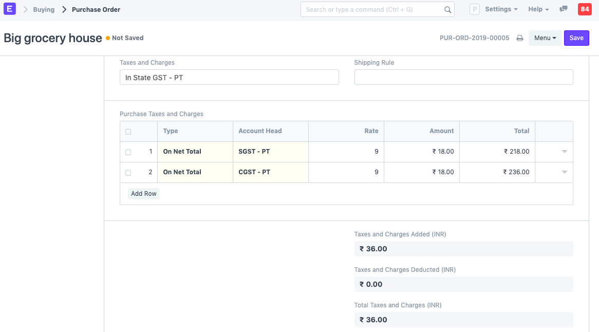 Purchase Order Taxes