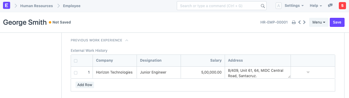 Previous Work Experience