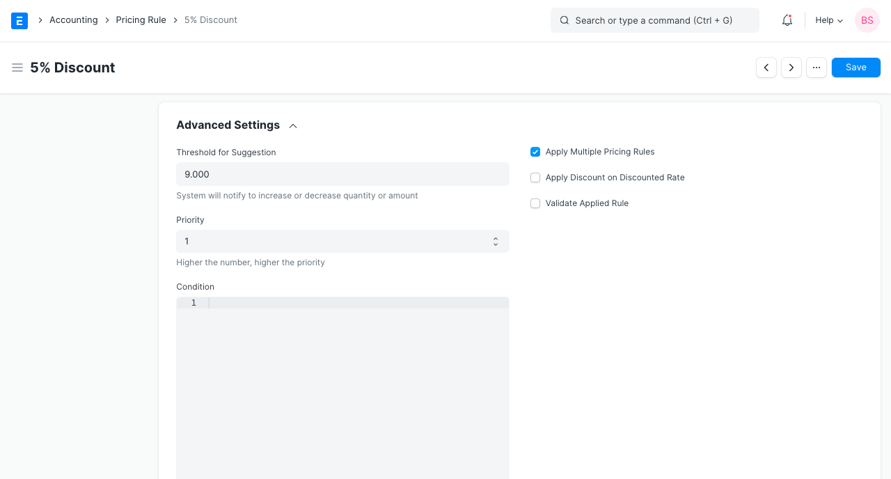 Pricing Rule Advanced Settings