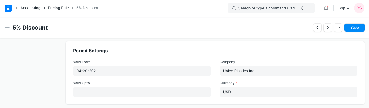 Pricing Rule Period Settings