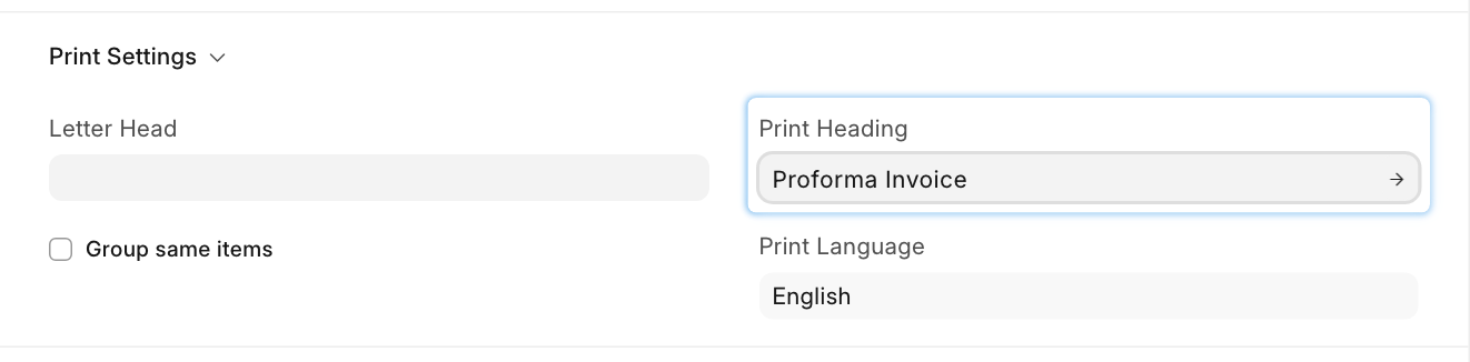 The Print Heading field on a Sales Invoice.