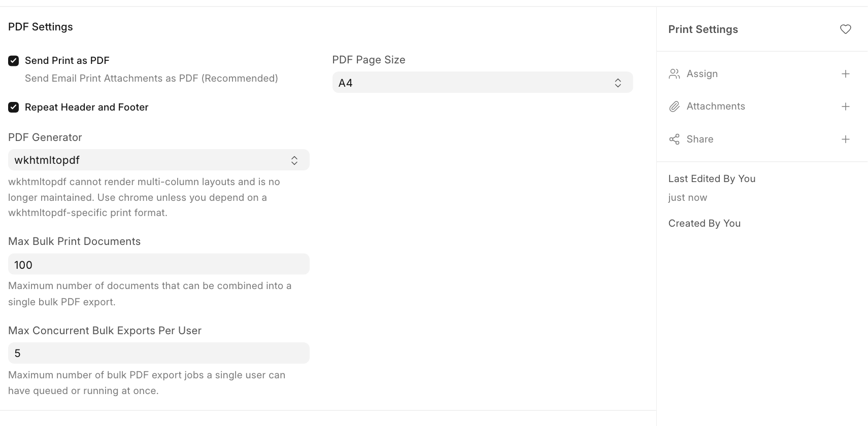 Print Settings: PDF and page settings.