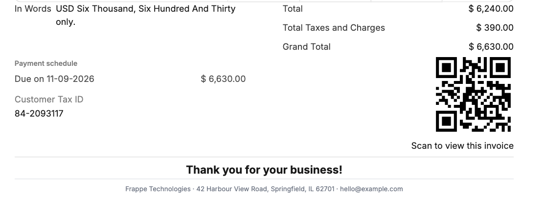 Custom Table, Linked Field, Barcode, Divider and Text blocks on a printed invoice.