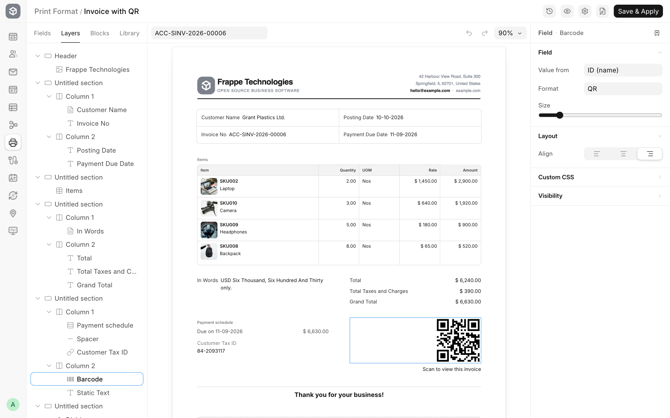 A QR code block made from the invoice number.