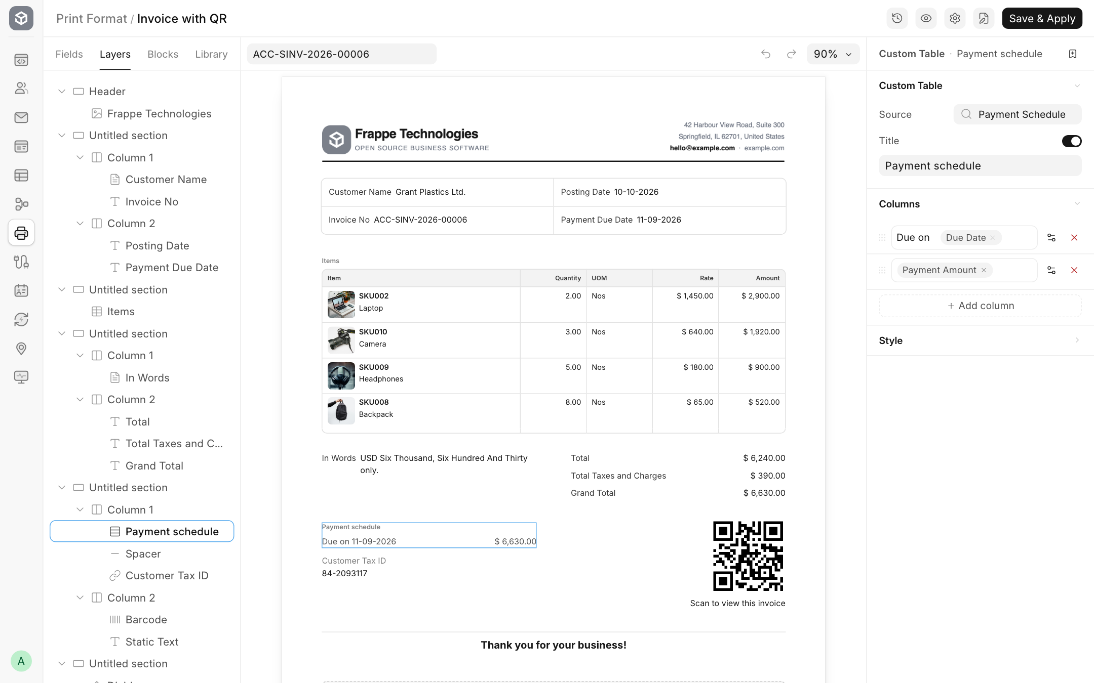 A Custom Table printing the payment schedule in two columns.